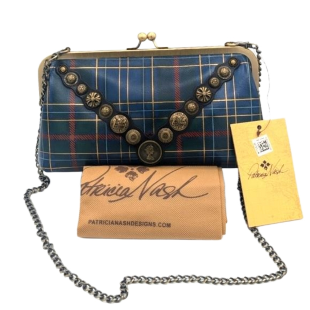 🎉Patricia Nash Potenaz Frame Blue Green Tartan Plaid Clutch Shoulder Handbag